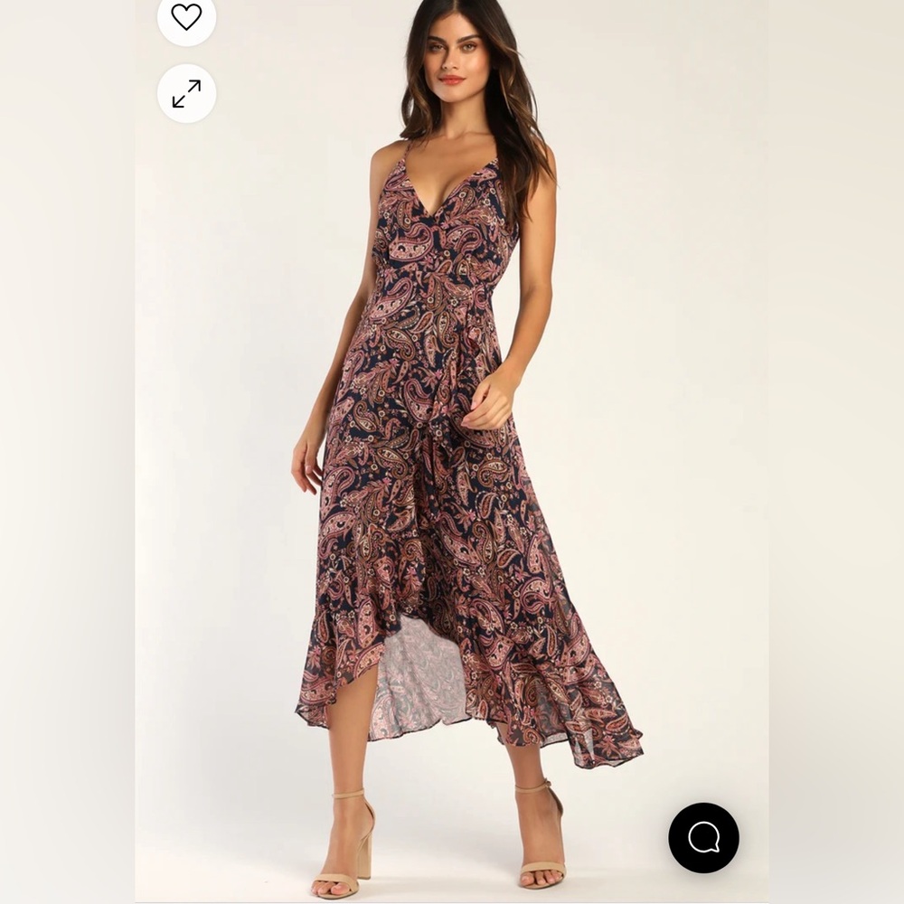 Effortless Days Navy Blue Paisley Print Ruffled Midi Dress - Lulu’s - Size Small